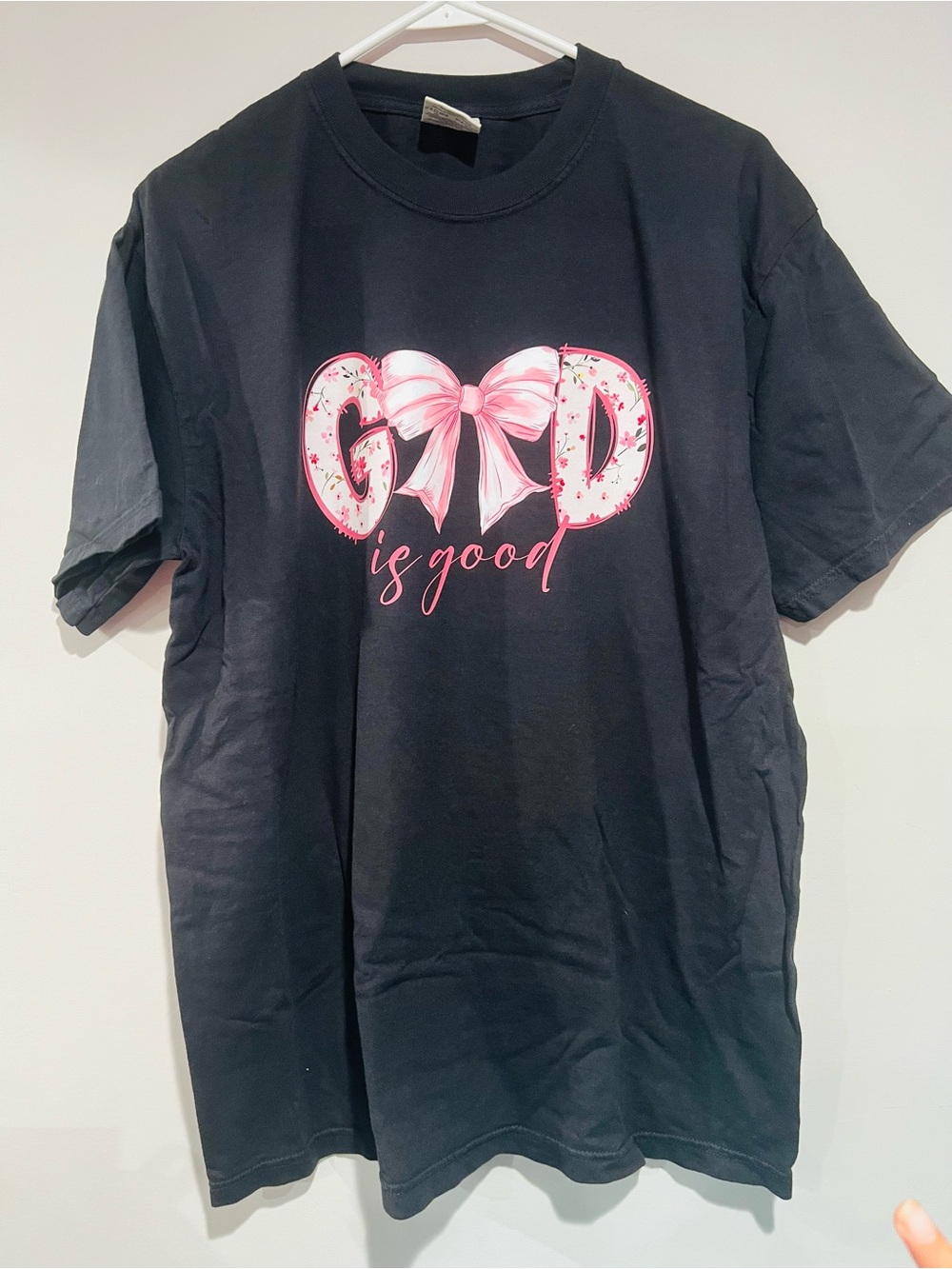 Women "God is Good" Graphic Tee - Black & Pink, Size:L